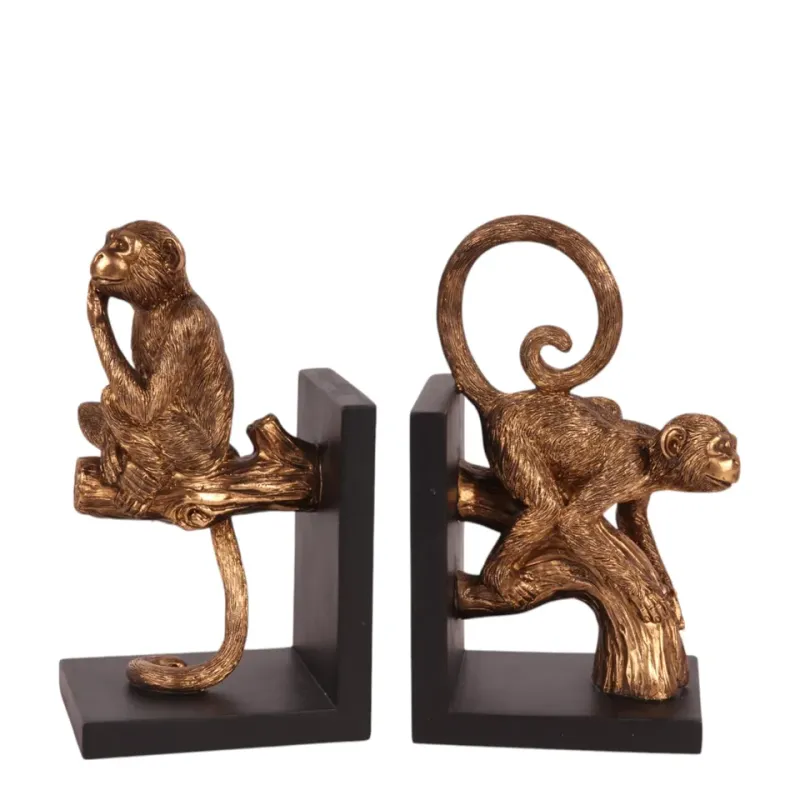2er-Set Affen-Buchstützen aus Kunstharz, 20 cm 2er-Set Affen-Buchstützen aus Kunstharz mit goldfarbenen Figuren und schwarzen Sockeln
