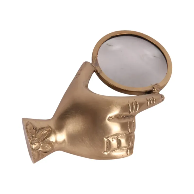 Lupenhand 8,5 cm aus Messing und Glas Goldfarbene Lupe in Handform mit runder Glaslinse