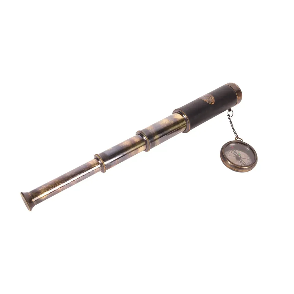 Antik Teleskop mit Kompass, 40 cm, aus Messing Ausziehbares Teleskop aus Messing mit schwarzer Lederhülle und Kompass