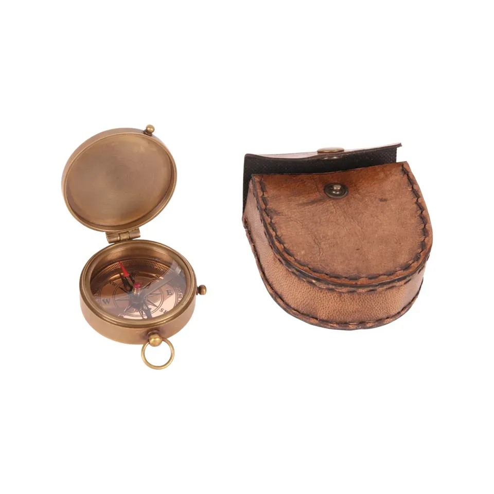 Vintage Taschenkompass im Lederetui, 7,5 cm, Gold Taschenkompass aus Messing mit braunem Lederetui und Druckknopfverschluss