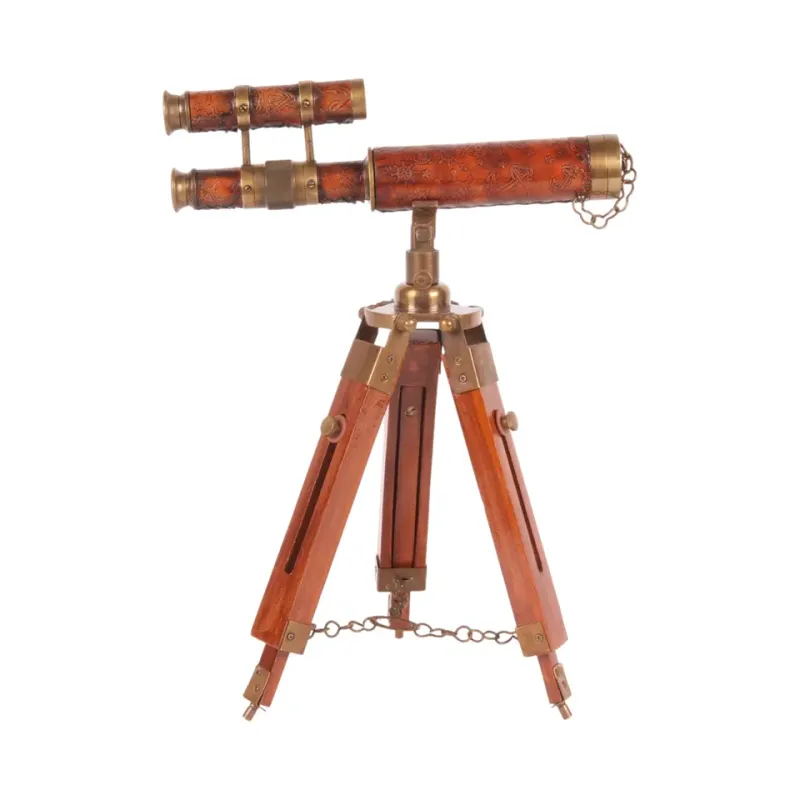 Vintage Teleskop mit Stativ, 41 cm, Braun und Messing Dekoratives Teleskop mit braunem Holzstativ und Messingdetails