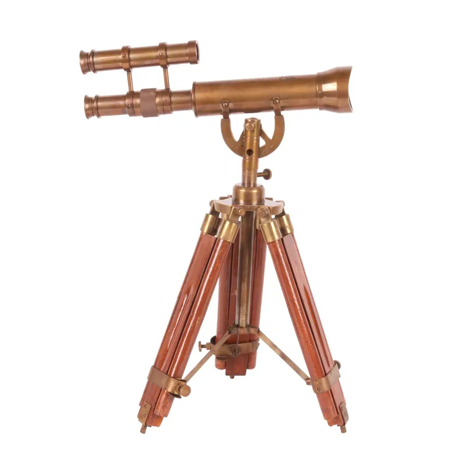 Dekoratives Teleskop mit Stativ, 47 cm, Braun und Messing Dekoratives Teleskop aus Messing und Aluminium mit braunem Stativ