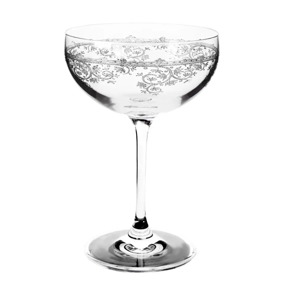 Champagner-Coupe 350 ml aus Glas auch für Dessert Klares Champagner-Coupe-Glas mit lasergraviertem, geschwungenem Muster