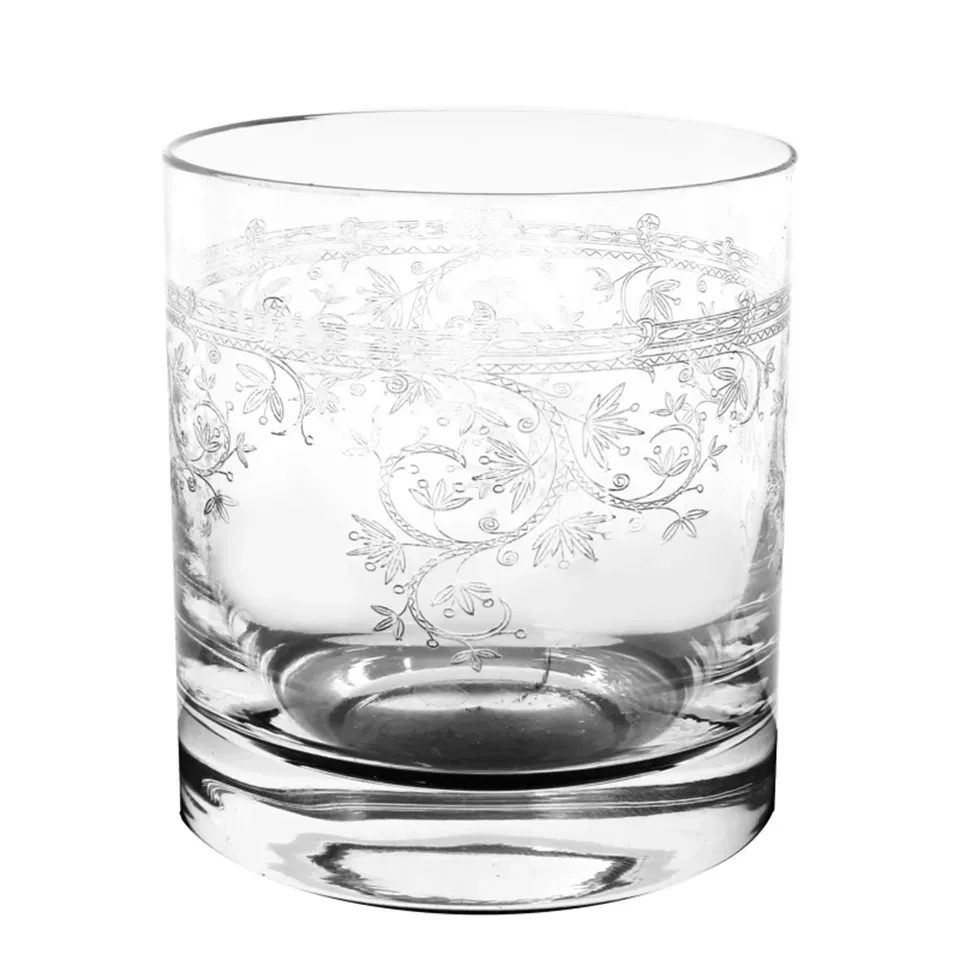 Whiskyglas 280 ml mit lasergraviertem Muster Klares Whiskyglas mit lasergraviertem, geschwungenem Muster