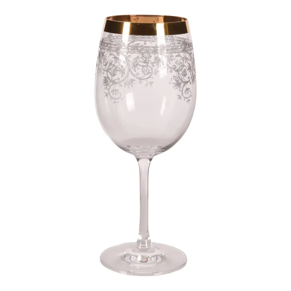 Weissweinglas 390 ml mit lasergraviertem Muster Weissweinglas aus klarem Glas mit lasergraviertem Muster und goldfarbenem Rand