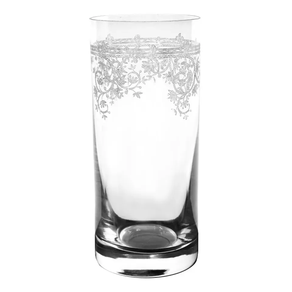 Longdrinkglas 300 ml mit Gravur Klares Longdrinkglas mit lasergraviertem, geschwungenem Muster