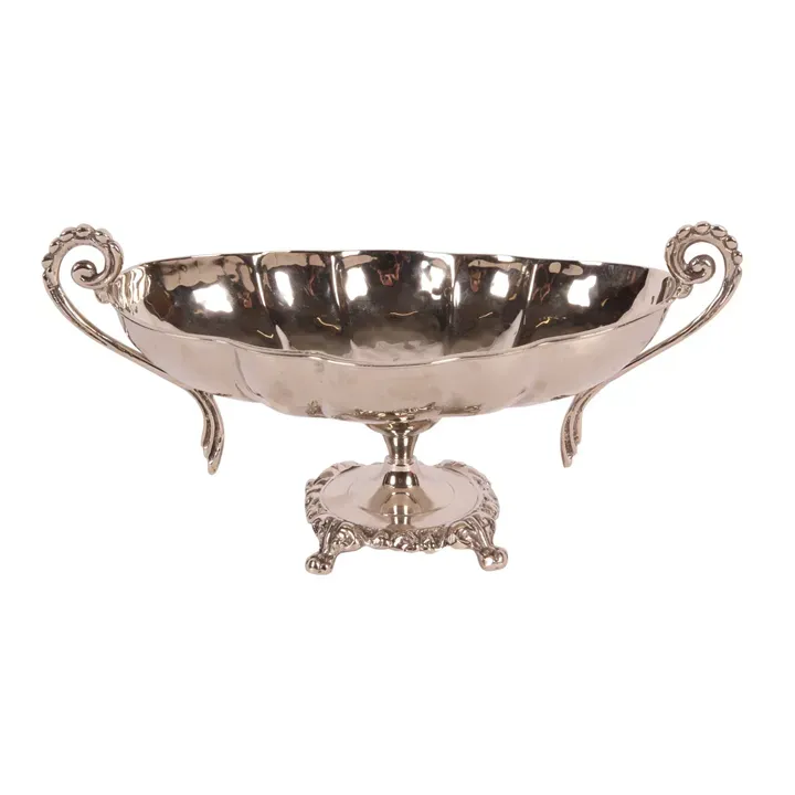 Handgefertigte Messingschale mit Griffen, 34x16 cm Ovale silberfarbene Messingschale mit Fuss und zwei dekorativen Griffen