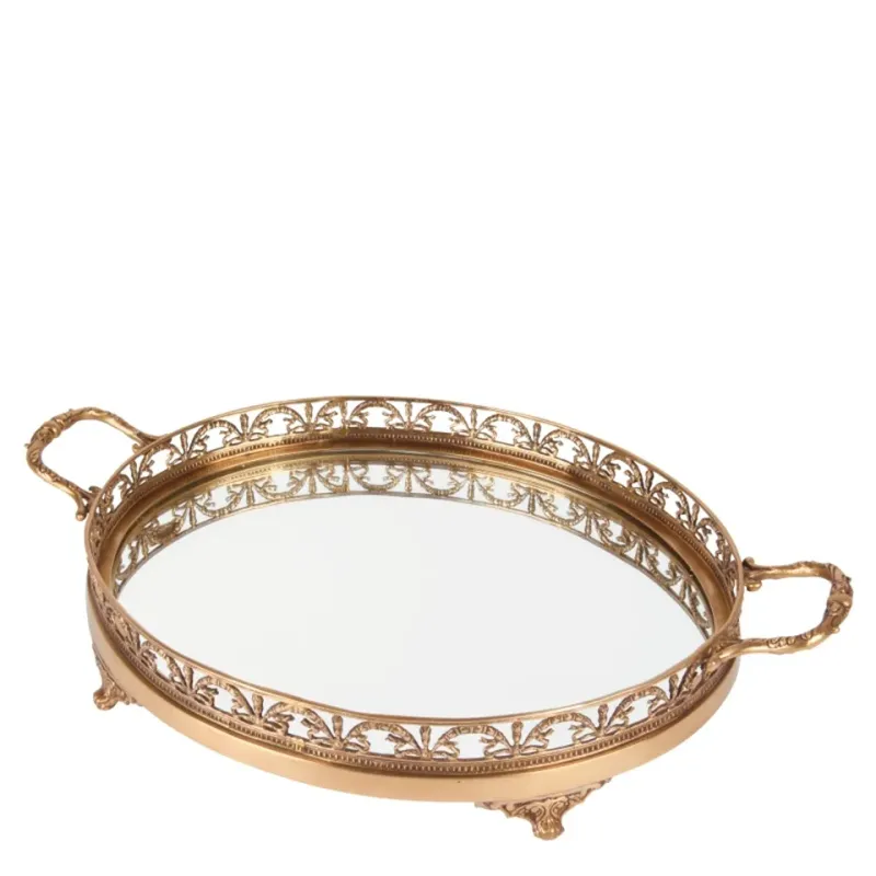 Handgefertigtes Spiegeltablett aus Messing mit Griffen, 50 cm Goldfarbenes Spiegeltablett aus Messing mit zwei Griffen und dekorativem Rand