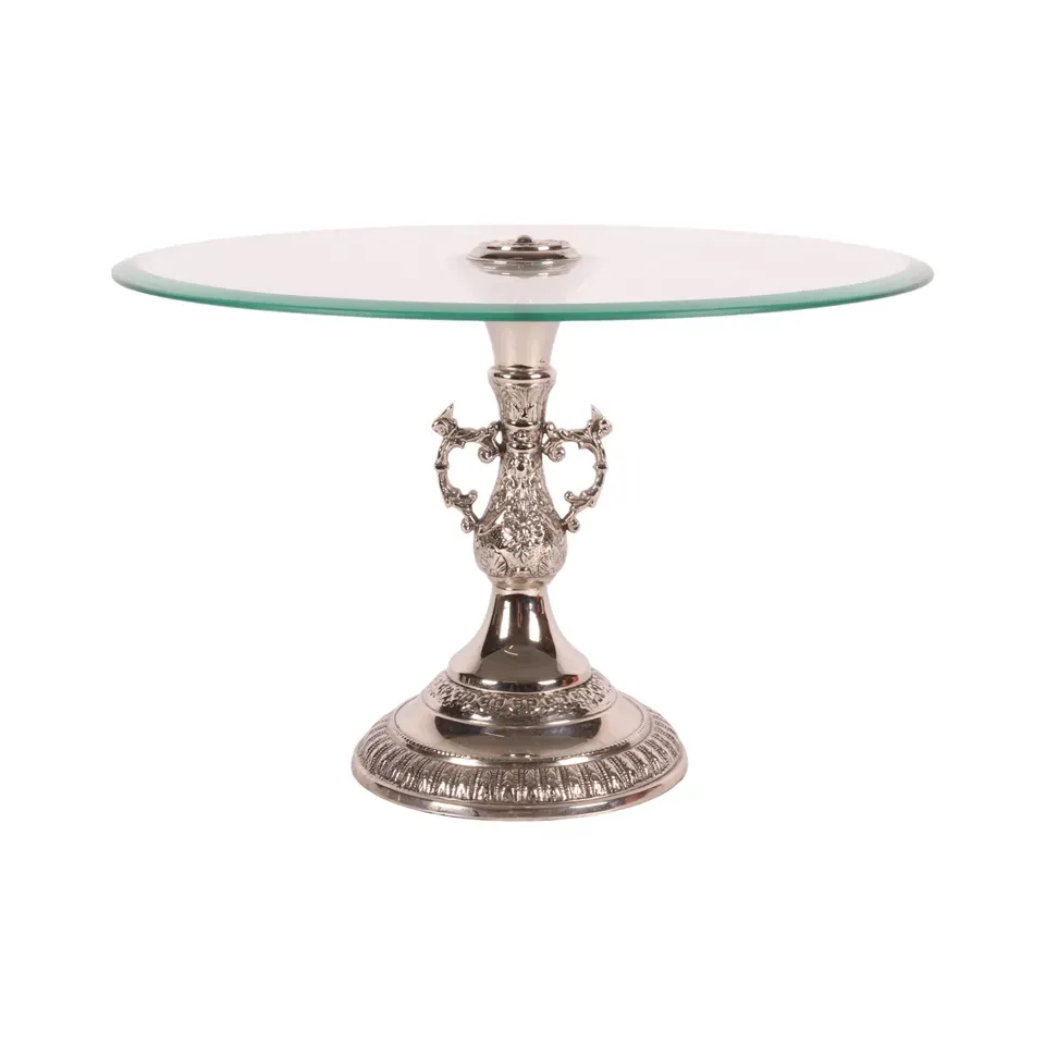 Tortenplatte aus Glas und Messing, 33 cm Runde Tortenplatte aus Glas mit silberfarbenem Fuss und dekorativem Metallständer