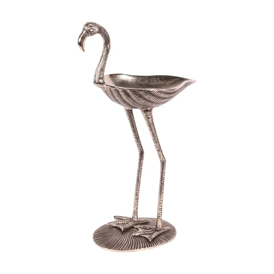 Silberfarbene Flamingoschale aus Aluminium mit gerippter Schale und Standfuss