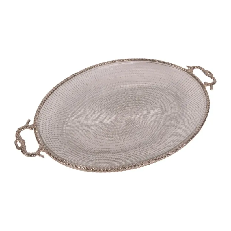Rundes Tablett mit Griffen aus Messing und Glas, 39 cm Silberfarbenes Tablett mit zwei Griffen und strukturierter Oberfläche