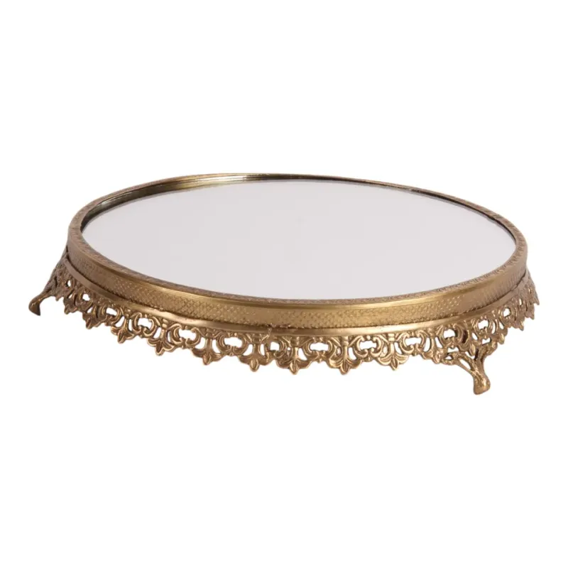 Runder Messinguntersetzer, Tablett mit Spiegelglas, 28 cm Runder goldfarbener Messinguntersetzer mit Spiegelglas und dekorativem Rand