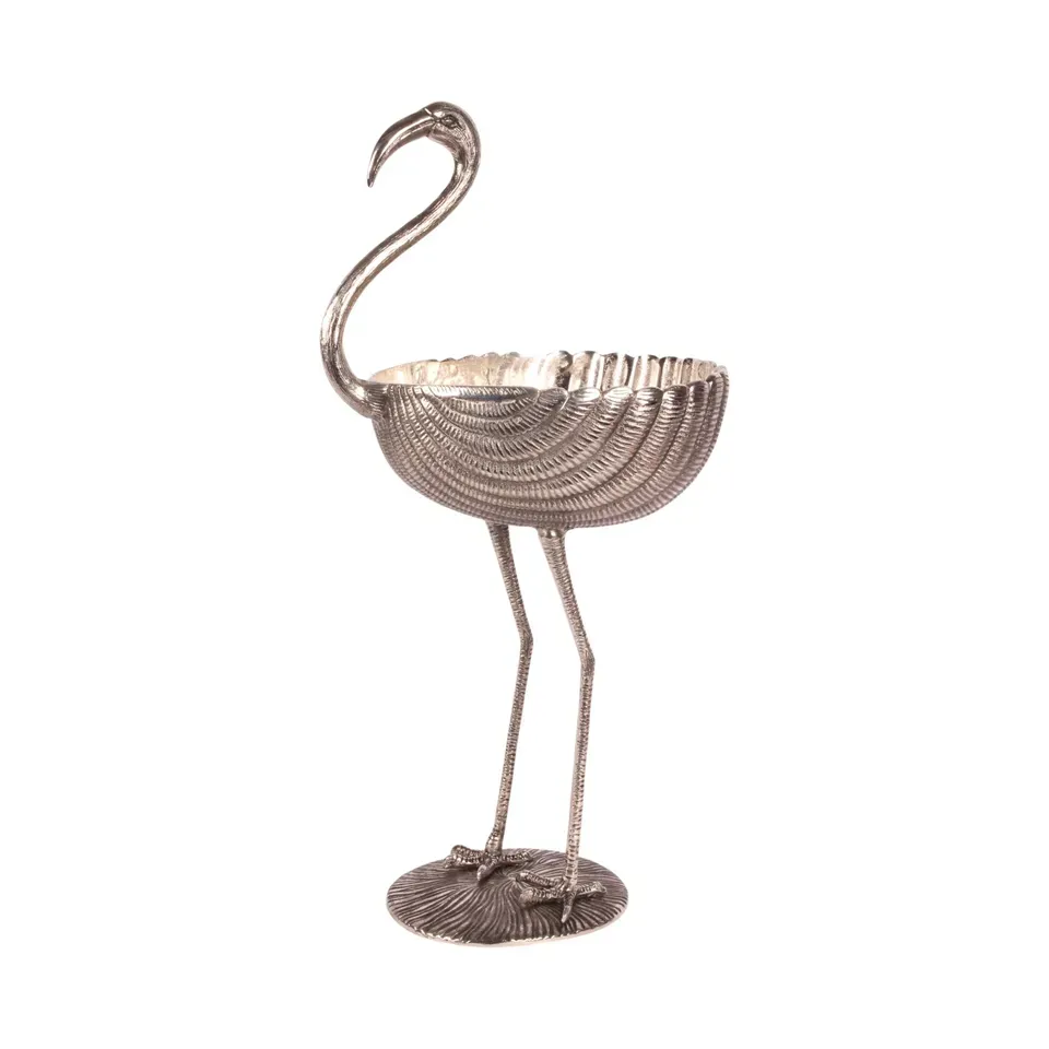 Silberfarbene Flamingoschale, 76 cm, aus Aluminium Silberfarbene Flamingoschale aus Aluminium mit gerippter Schale und Standfuss