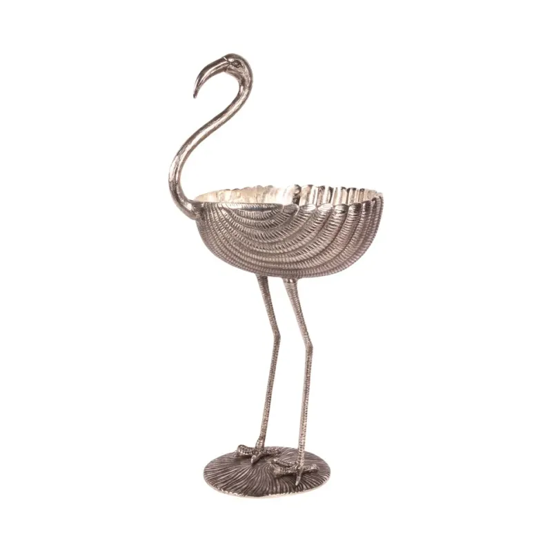 Silberfarbene Flamingoschale, 76 cm, aus Aluminium Silberfarbene Flamingoschale aus Aluminium mit gerippter Schale und Standfuss