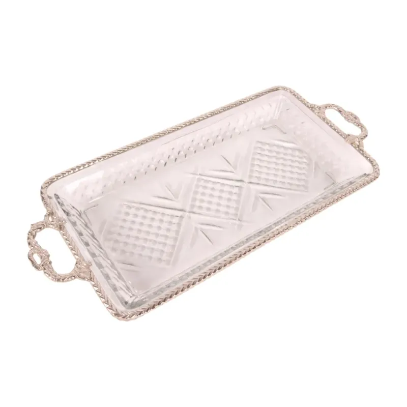 Rechteckiges Tablett mit Griffen aus Messing und Glas, 38 cm Rechteckiges Tablett aus Glas mit zwei silberfarbenen Griffen und verziertem Rand