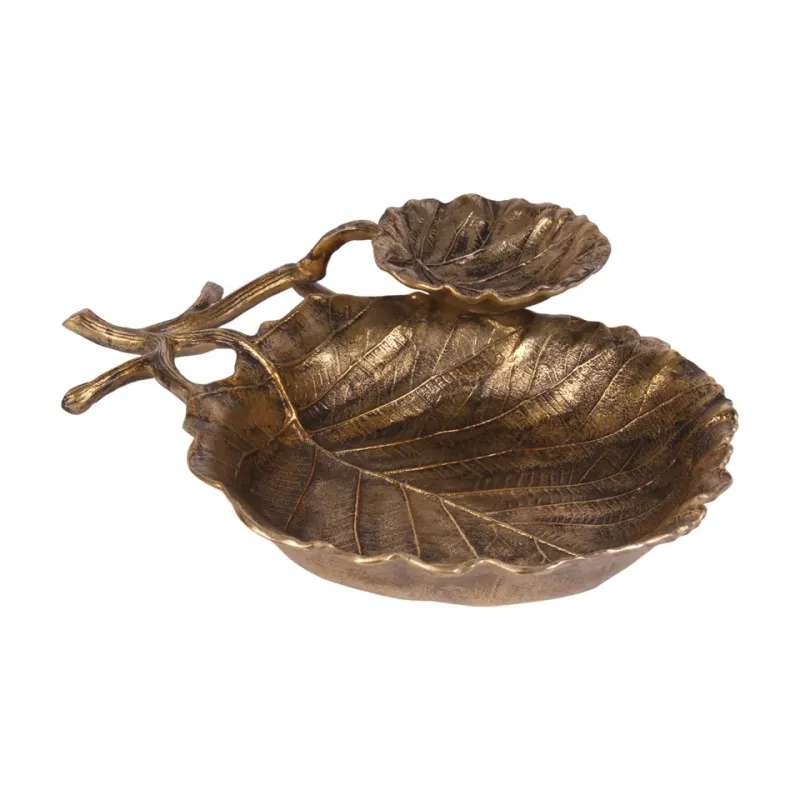 Goldfarbene Dekoschale in Blattform 44 cm, aus Aluminium Goldfarbene Dekoschale in Blattform mit grossem und kleinem Blatt
