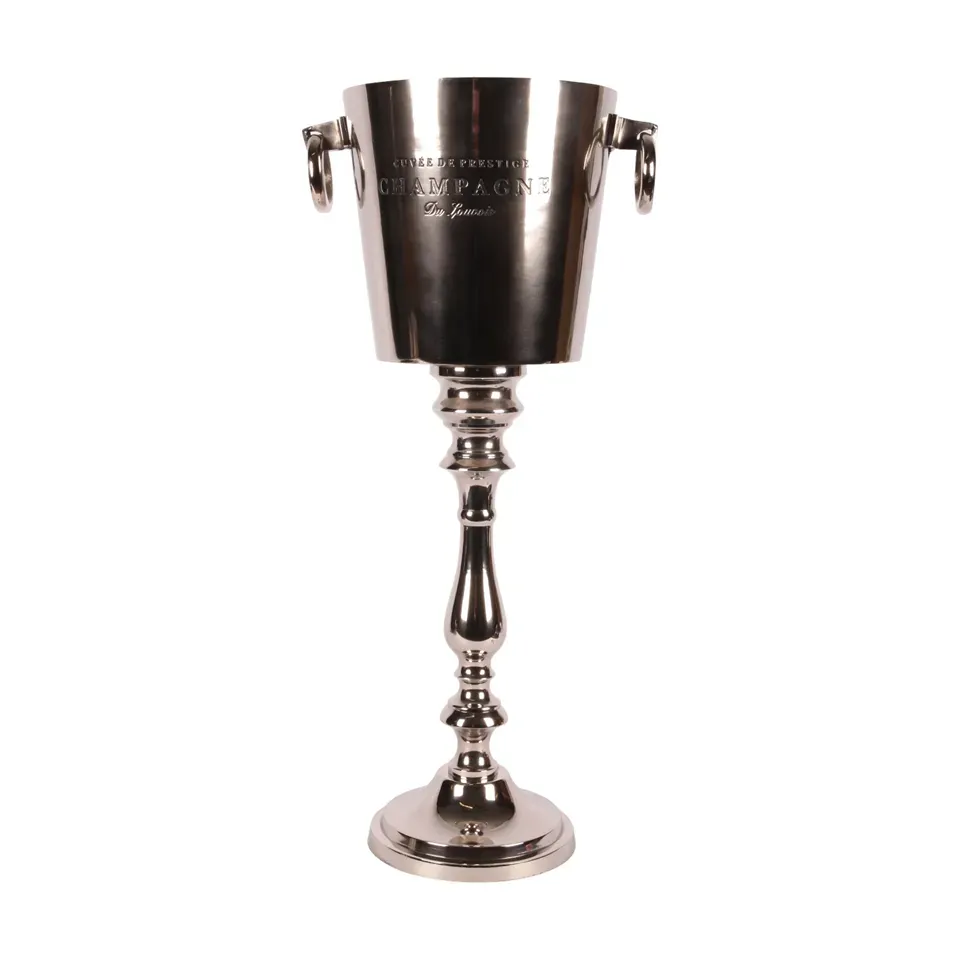 Champagnerkühler auf Ständer, 66 cm, aus Aluminium Silberfarbener Champagnerkühler aus Aluminium auf hohem Ständer mit zwei seitlichen Griffen