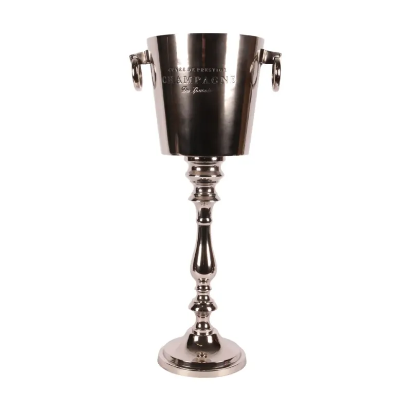 Champagnerkühler auf Ständer, 66 cm, aus Aluminium Silberfarbener Champagnerkühler aus Aluminium auf hohem Ständer mit zwei seitlichen Griffen