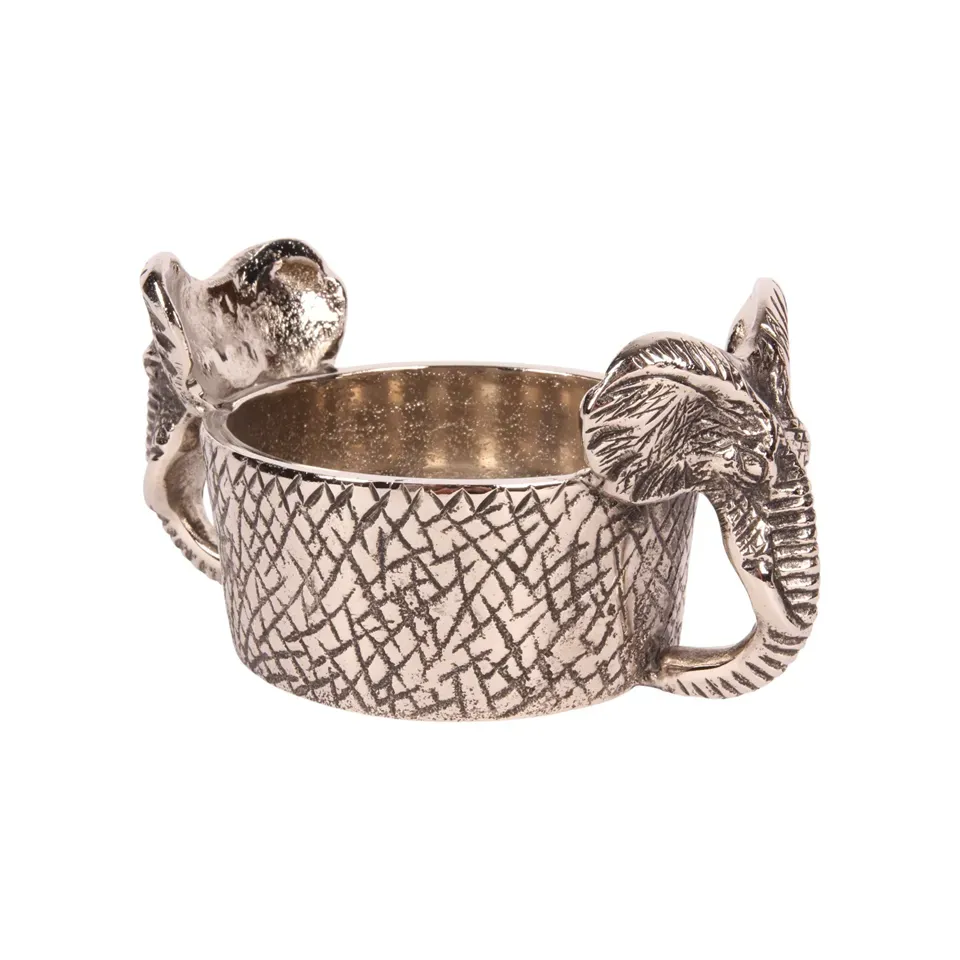 Flaschenhalter Elefant, 9 cm, aus Aluminium Silberfarbener Flaschenhalter aus Aluminium mit Elefantenköpfen als seitliche Griffe