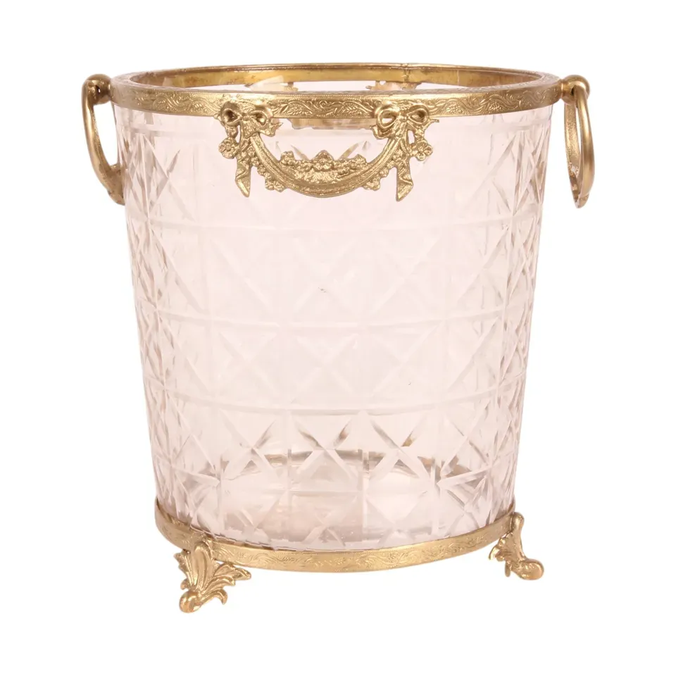 Eisbehälter und Weinkühler, 25 cm, aus Glas und Messing Goldfarbener Eisbehälter aus Glas und Messing mit Griffen und dekorativen Füssen