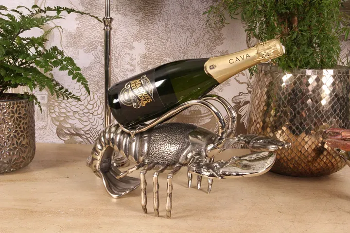 Silberfarbener Flaschenhalter Hummer, 41 cm, aus Aluminium