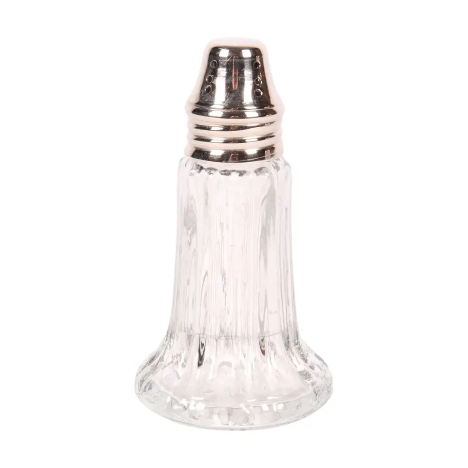 Salz- und Pfefferstreuer, 14,5 cm, Silber, Messing und Glas Salz- oder Pfefferstreuer aus Glas mit silberfarbenem Messingaufsatz