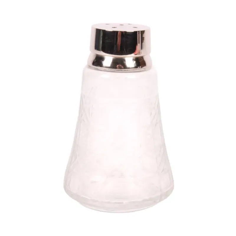 Salz- oder Pfefferstreuer, 12 cm, Silber, Messing und Glas Salz- oder Pfefferstreuer aus Glas mit silberfarbenem Messingaufsatz