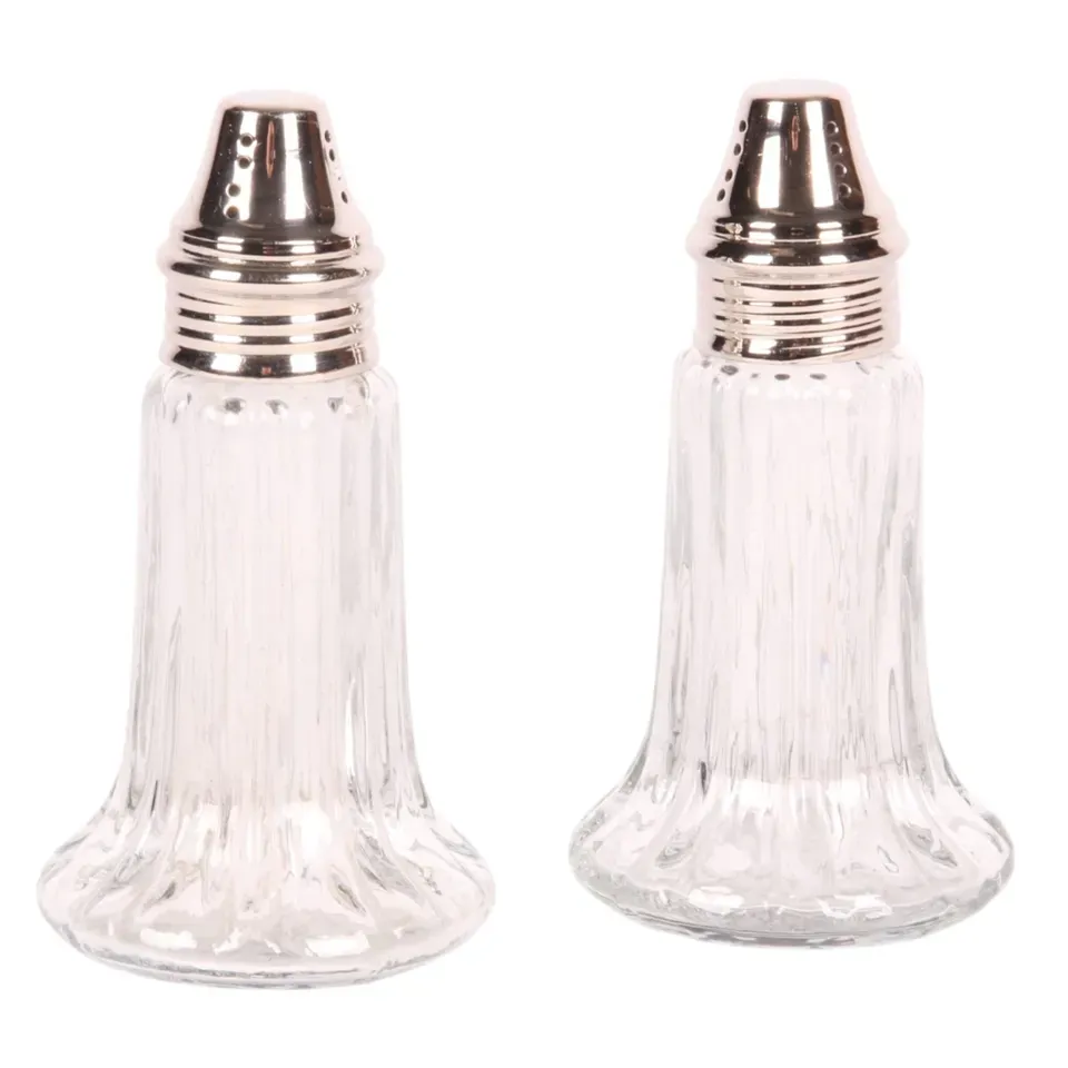 2er Set Streuer, 11 cm, aus Messing und Glas Set aus zwei Streuern aus Glas mit silberfarbenen Messingaufsätzen