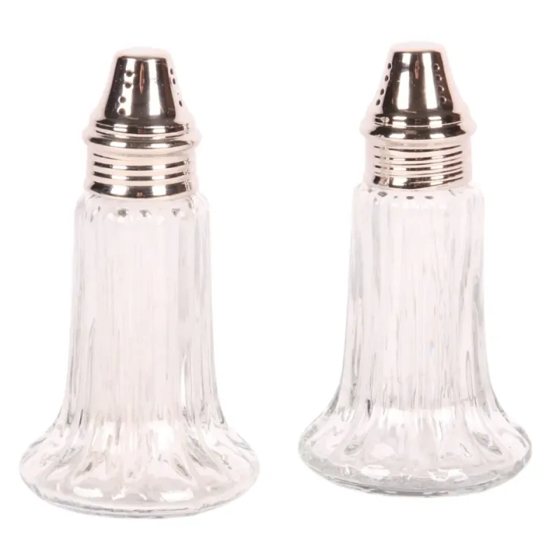 2er Set Streuer, 11 cm, aus Messing und Glas Set aus zwei Streuern aus Glas mit silberfarbenen Messingaufsätzen
