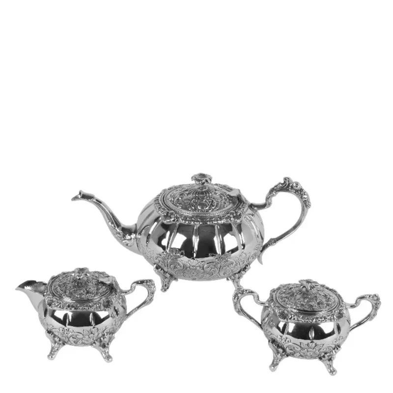 Handgefertigtes Teeservice 3-teilig aus Messing, Silber Dreiteiliges silberfarbenes Teeservice aus Messing mit Teekanne, Milchkännchen und Zuckerdose