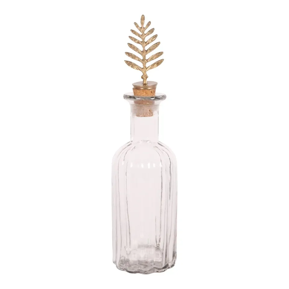 Dekoflasche mit Stopfen in Blattform, 25 cm, Gold Dekoflasche aus gerilltem Glas mit goldenem Stopfen in Blattform