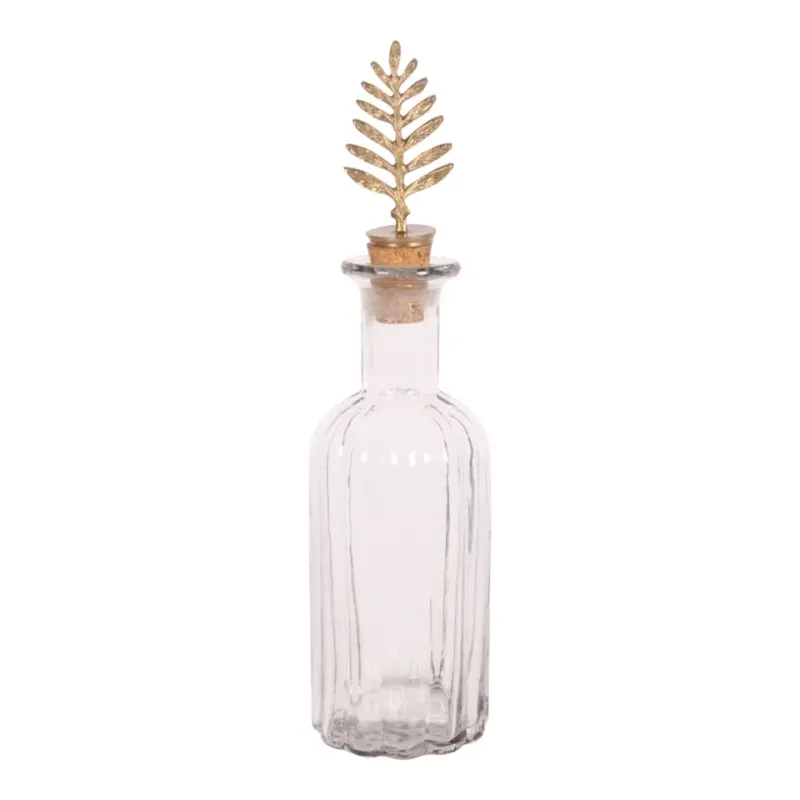 Dekoflasche mit Stopfen in Blattform, 25 cm, Gold Dekoflasche aus gerilltem Glas mit goldenem Stopfen in Blattform