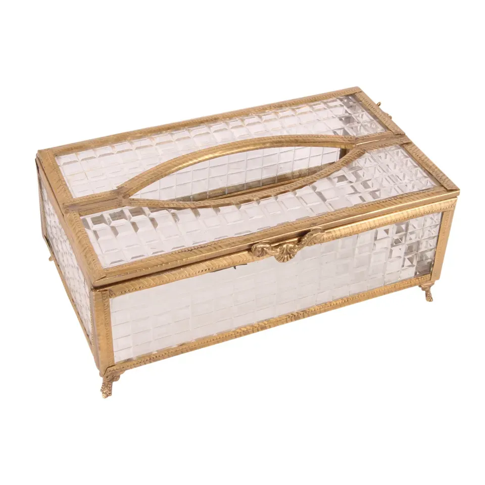 Goldfarbene Serviettenbox aus Glas und Messing mit transparentem Deckel