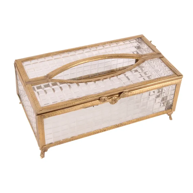 Serviettenbox aus Glas und Messing, Gold Goldfarbene Serviettenbox aus Glas und Messing mit transparentem Deckel
