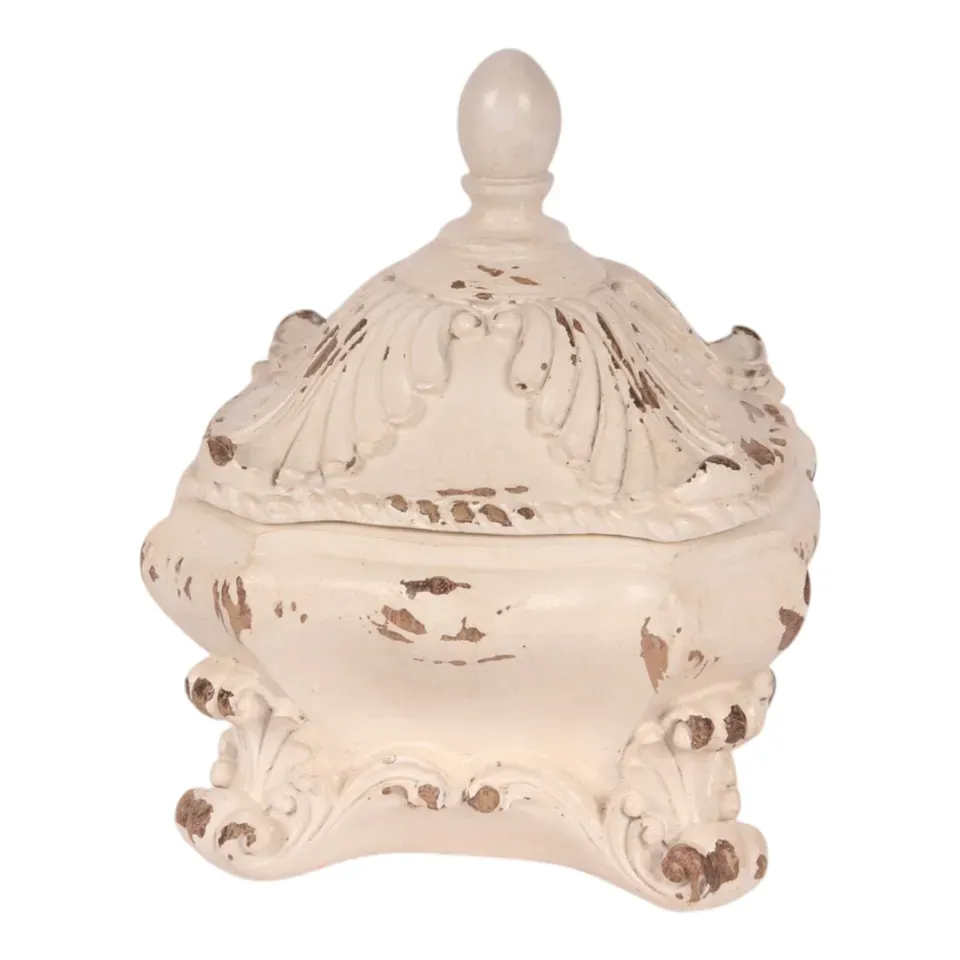 Dekobox aus Polyresin in White/cream mit Deckel und Vintage-Verzierungen