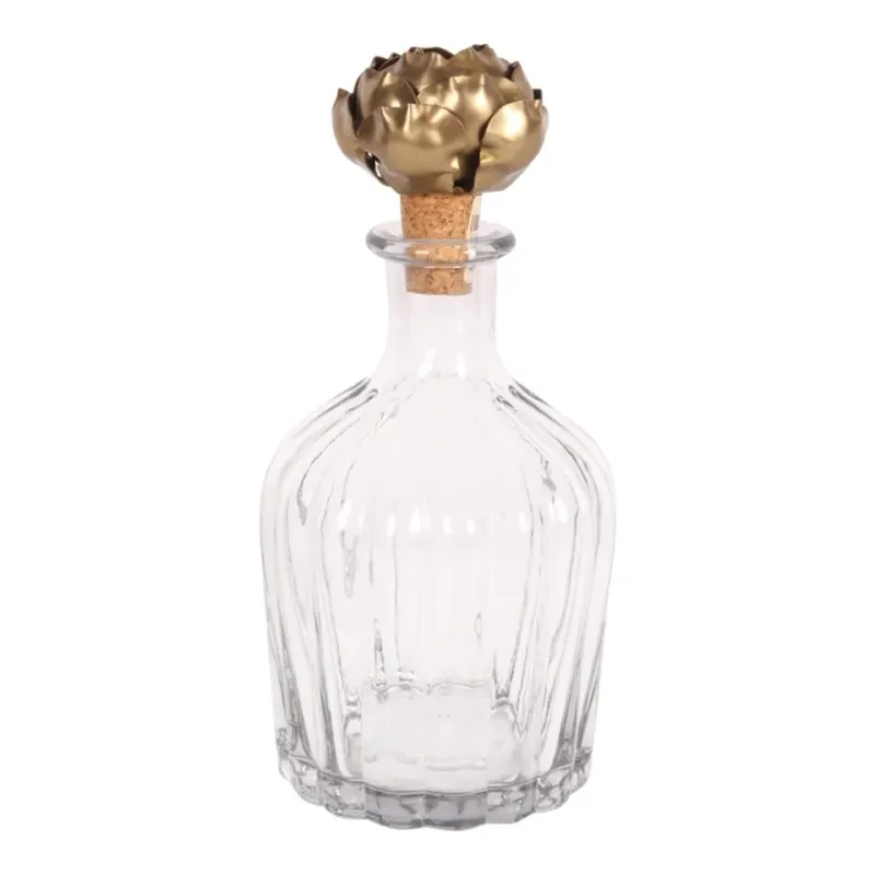 Dekoflasche mit Rosenverschluss, 20 cm, Gold Gerillte Glasflasche mit goldenem Rosenverschluss