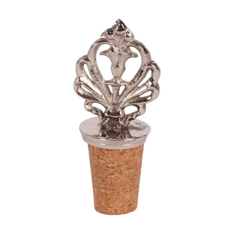 Flaschenverschluss aus Messing, Silber, mit Korkstopfen und ornamentalem Griff Silberfarbener Flaschenverschluss aus Messing mit Korkstopfen und ornamentalem Griff