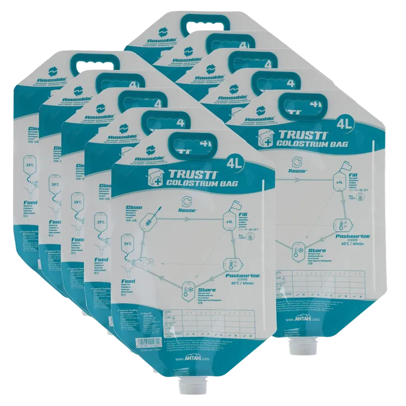 Kolostrum-Beutel, 4 Liter, 10er-Set Zehn transparente Kolostrum-Beutel mit 4 Litern Fassungsvermögen und praktischem Tragegriff