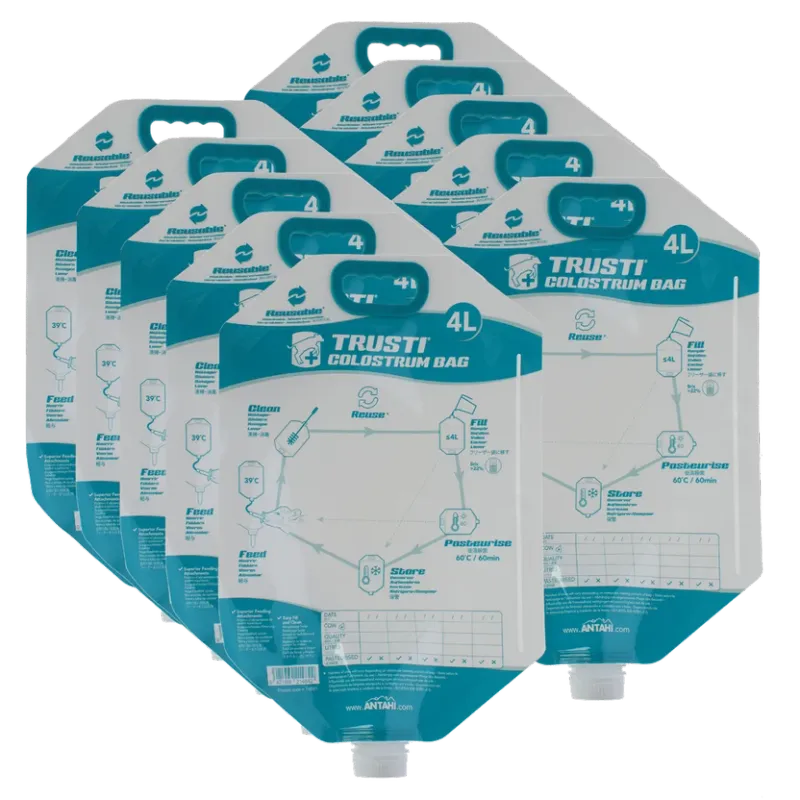 Kolostrum-Beutel, 4 Liter, 10er-Set Zehn transparente Kolostrum-Beutel mit 4 Litern Fassungsvermögen und praktischem Tragegriff