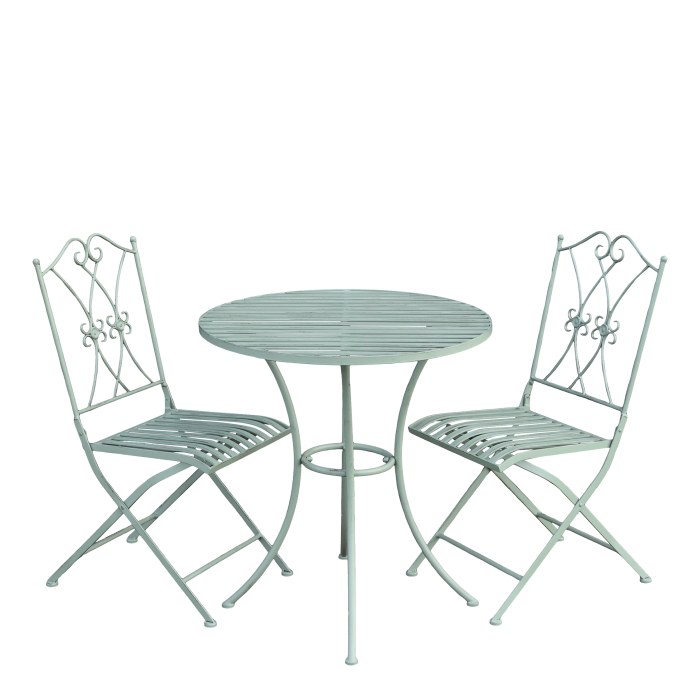 Bistrotisch-Set mit 2 Stühlen, Antique Verte, H 72 cm Bistrotisch-Set in Antique Verte mit rundem Tisch und zwei klappbaren Stühlen