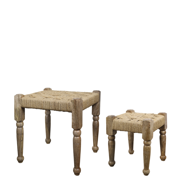 2er-Set handgemachte Hocker aus Mangoholz mit Geflechtsitz 2er-Set Hocker aus Mangoholz mit Geflechtsitz, natur