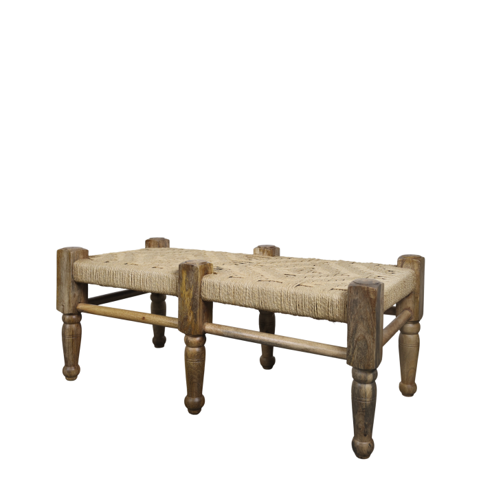 Handgemachte Bank mit Geflechtsitz aus Mangoholz und Jute, 102 cm Handgemachte Bank aus Mangoholz mit geflochtenem Sitz aus Juteschnur