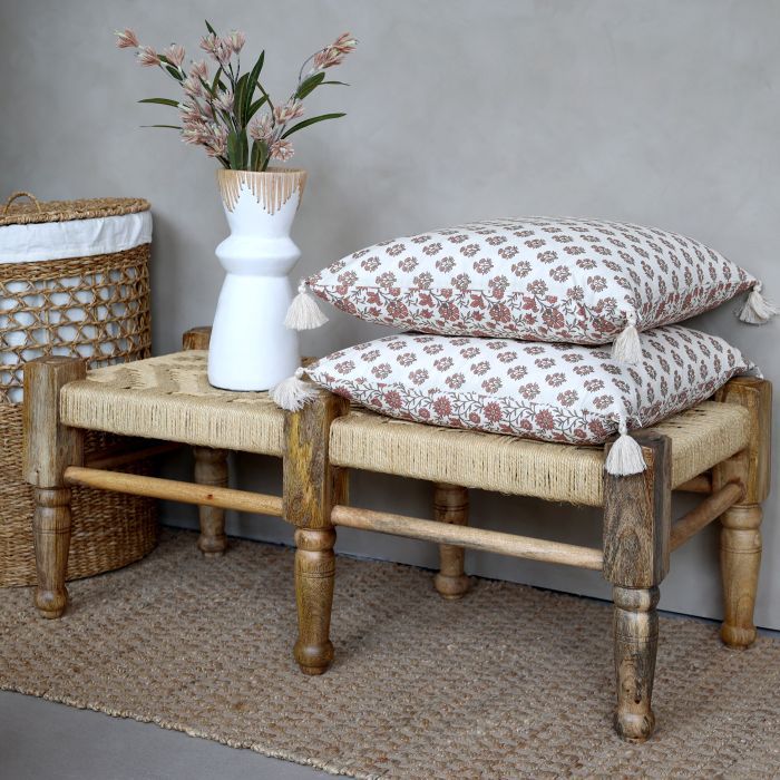 Handgemachte Bank mit Geflechtsitz aus Mangoholz und Jute, 102 cm