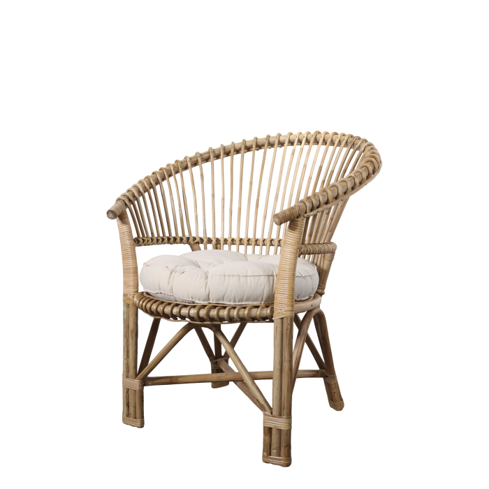 Handgemachter Rattanstuhl in Natur mit hellem Sitzkissen Handgemachter Rattanstuhl mit Kissen, natur