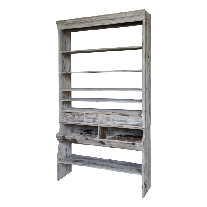 Regal aus recyceltem Kiefernholz mit Ablageböden und Schubladen, 222 cm, natur Regal aus recyceltem Kiefernholz mit Ablageböden und Schubladen, natur