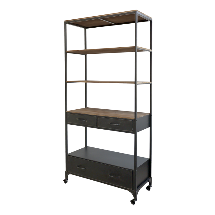 Regal auf Rollen mit Schubladen, 200 cm, Antik-Schwarz Regal auf Rädern aus Eisen und Tannenholz mit Ablageböden und Schubladen, Antik-Schwarz