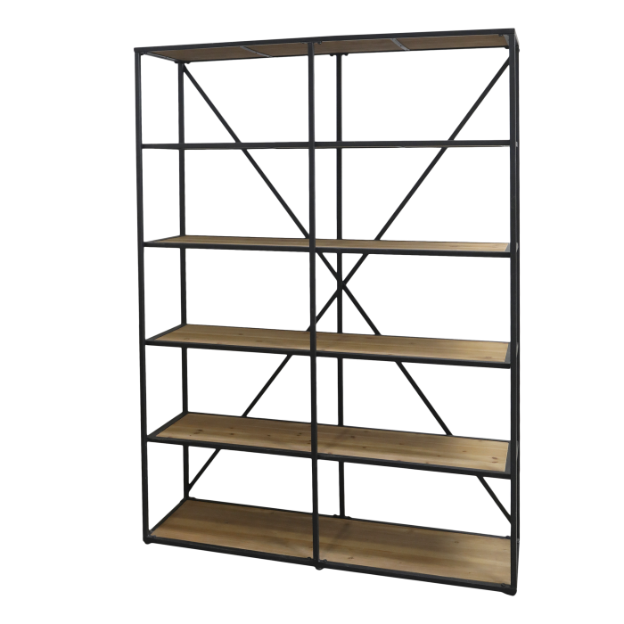 Doppelregal mit 5 Holzböden, 200 cm, Antik-Schwarz Doppelregal in Antik-Schwarz mit fünf Tannenholz-Ablageböden und Eisenrahmen