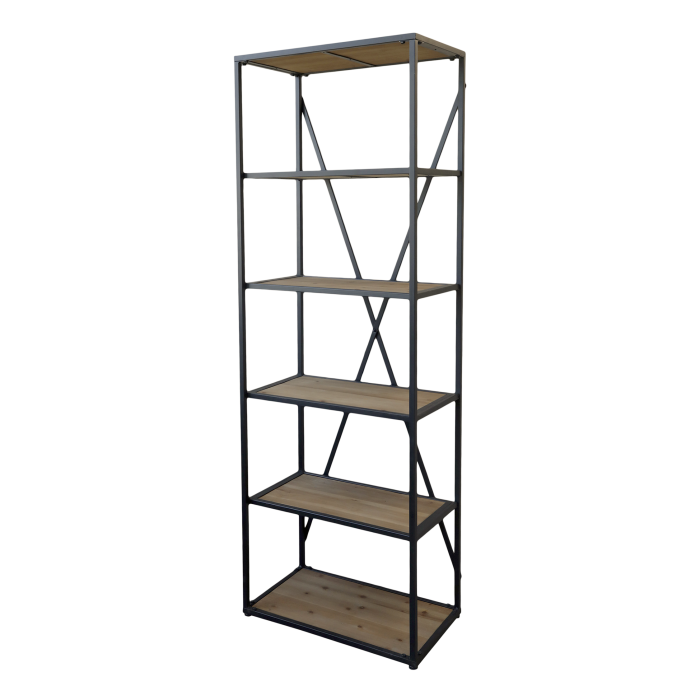 Französisches Regal mit 5 Holzböden, 200 cm, Antik-Schwarz Französisches Regal mit fünf Tannenholzböden und Eisenrahmen in Antik-Schwarz