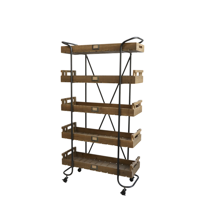 Regal auf Rädern mit 5 Holztabletts, 156,5 cm Wagen auf Rädern aus Tannenholz und Eisen mit 5 herausnehmbaren Holztabletts