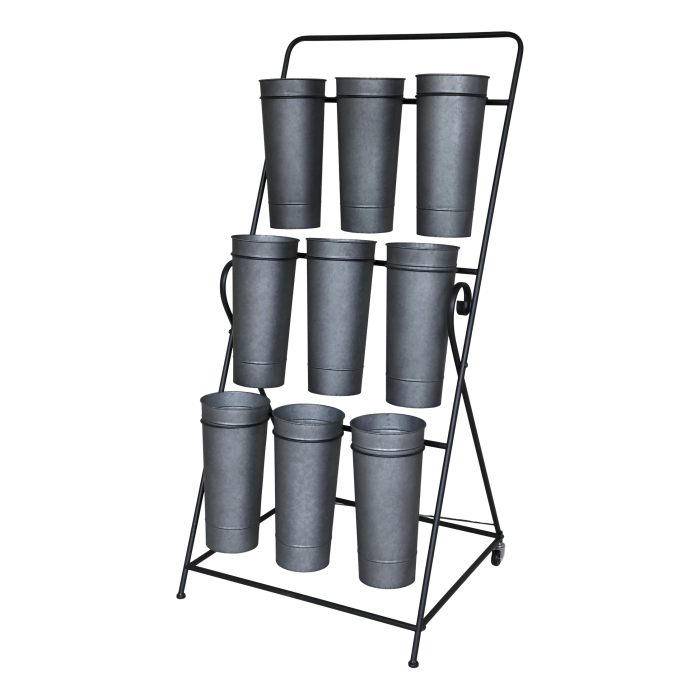 Pflanzenregal mit 9 Übertöpfen, 127 cm, Antik-Zink Pflanzenregal aus Eisen in Antik-Zink-Optik mit 9 Übertöpfen